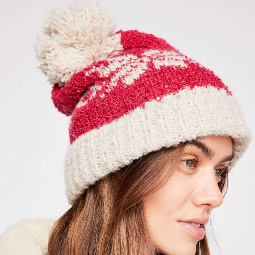 Free People Red Snowbird Pompom Beanie NWT